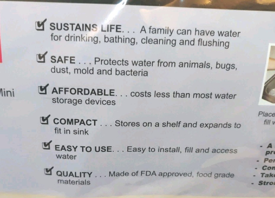 Watersafe Mini 5 Gallon Secures Emergency Water Supply Bag/Pump/Cap