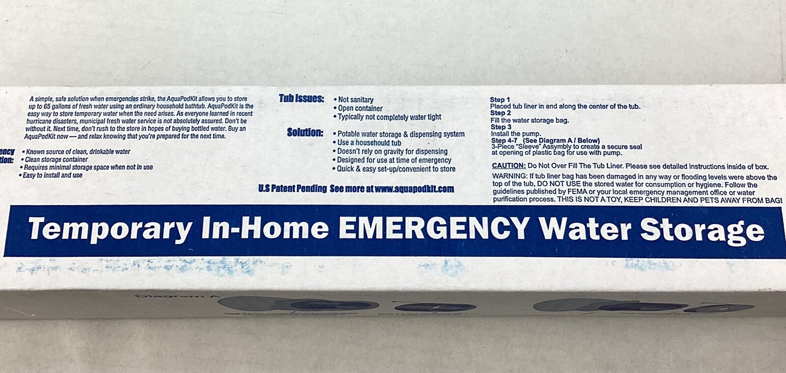 AquaPod Kit 65 gal Emergency Water Storage In-Home Bathtub New