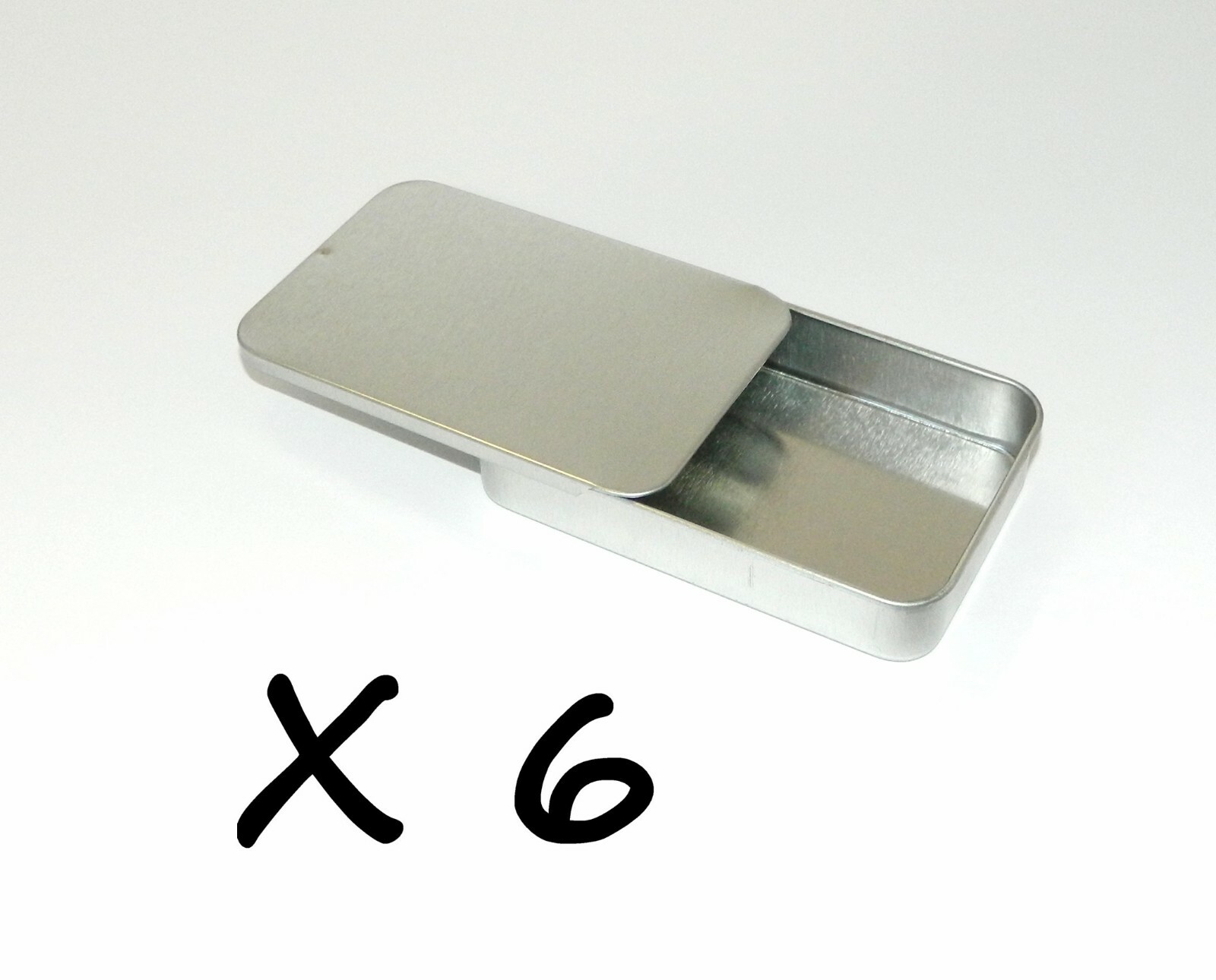 3 3/8 x 2 1/8 x 5/8 in Shallow Rectangular Slide Top Lid Tin Box Container x 6