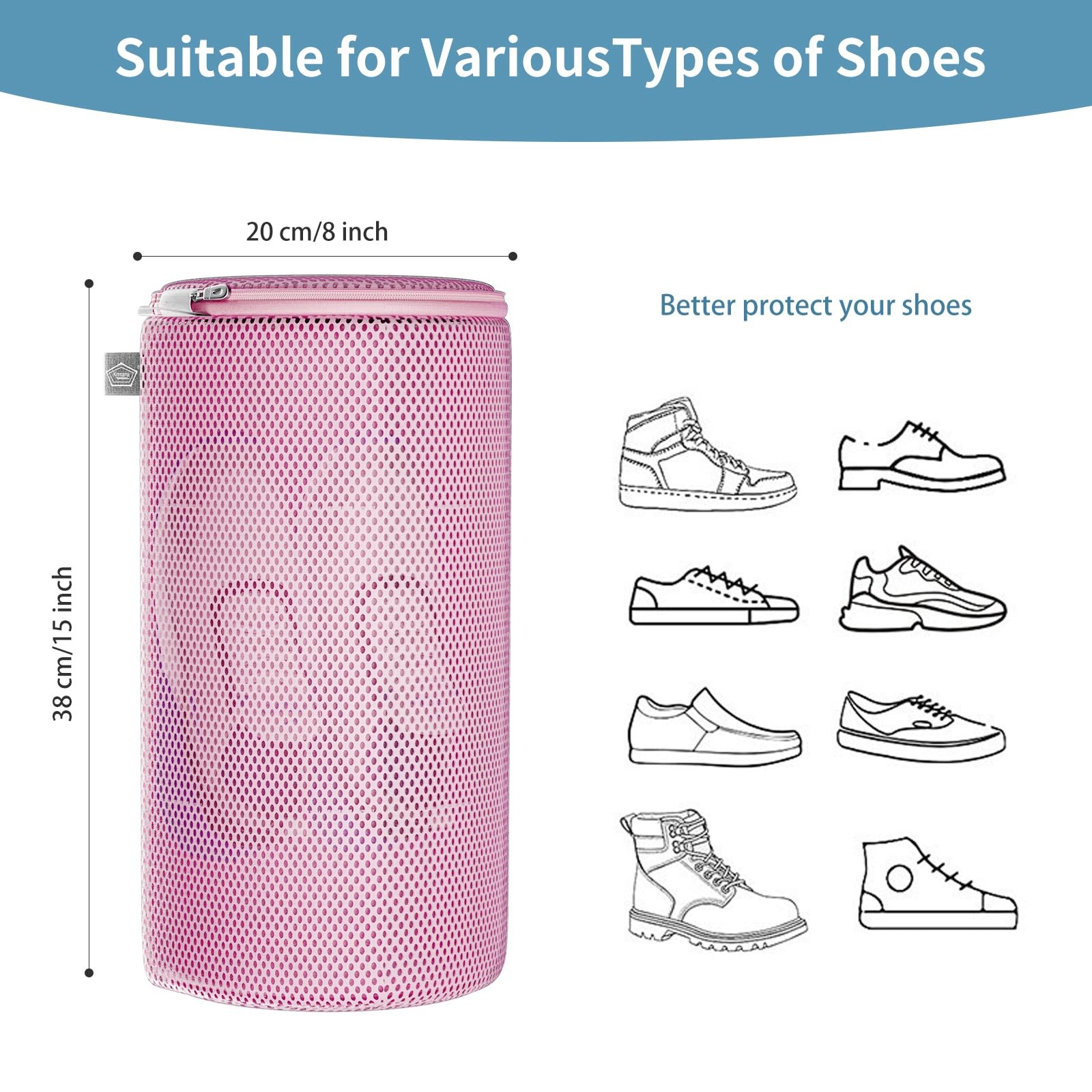 Kimmama Shoe Washing Machine Bag, Bag for 2XL(8x8x15″), Pink