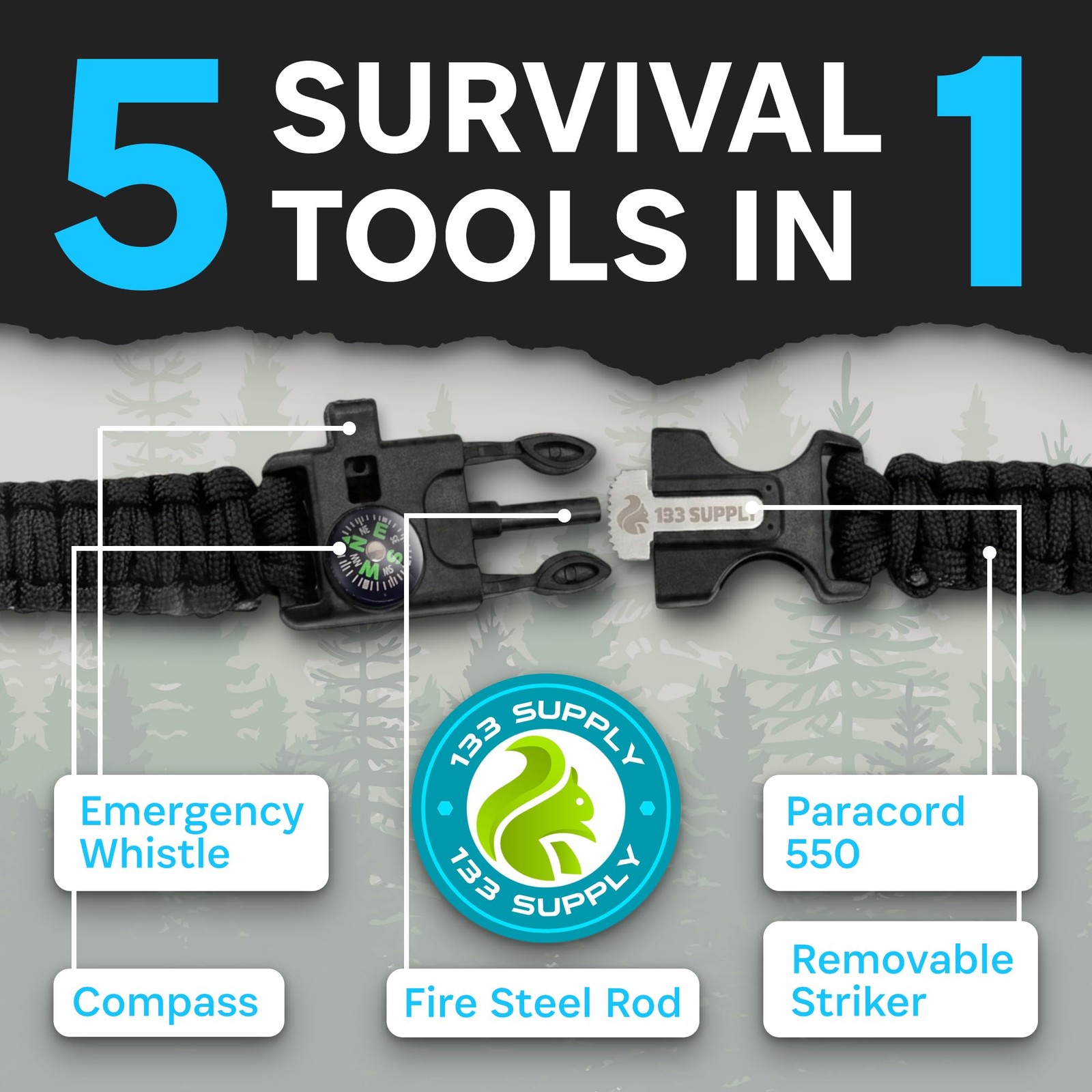 Paracord Bracelet Survival Kit Compass Fire Starter Emergency Whistle Camping Hi
