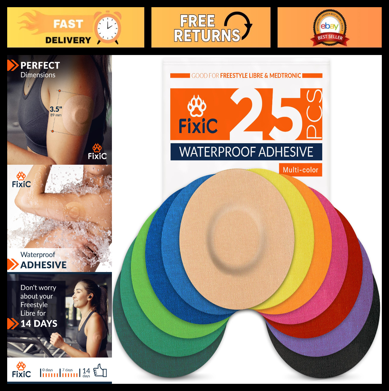 25 Pack Sensor Covers 3.5″ Waterproof Adhesive Bandages for Libre G7 Guardian –