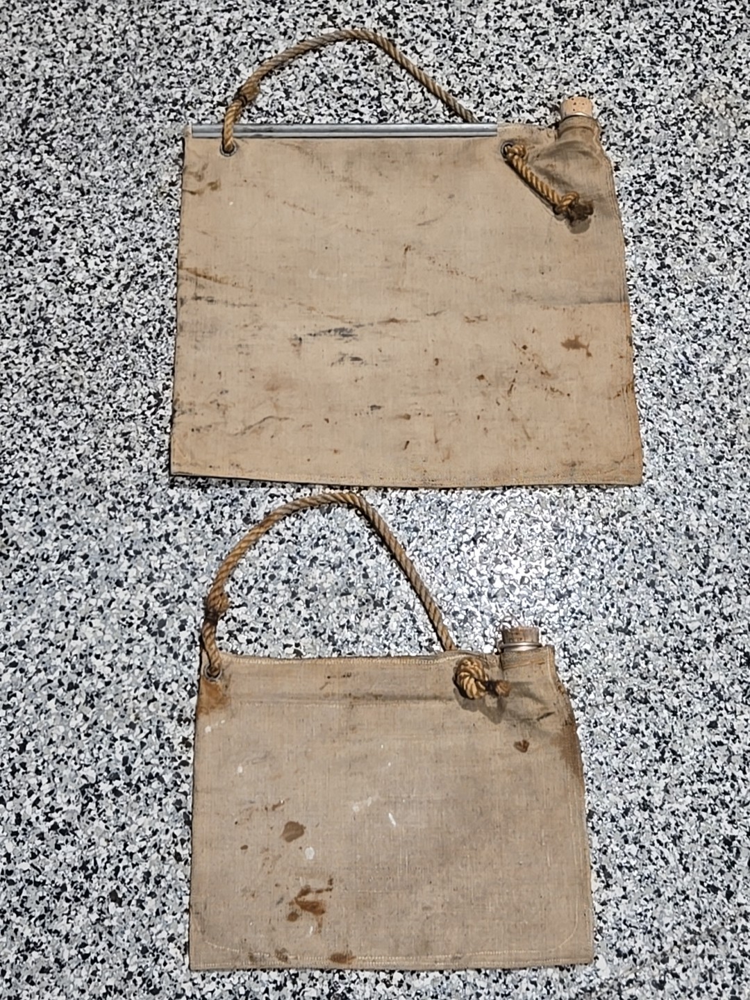 2 Antique Superior Water Bags Scotch Flax Canvas with Corks. Great For Display