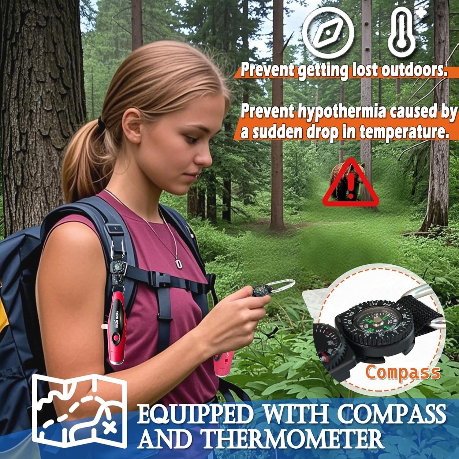 Portable 120dB Bear Deterrent Horn with Compass & Thermometer for Outdoor Safety