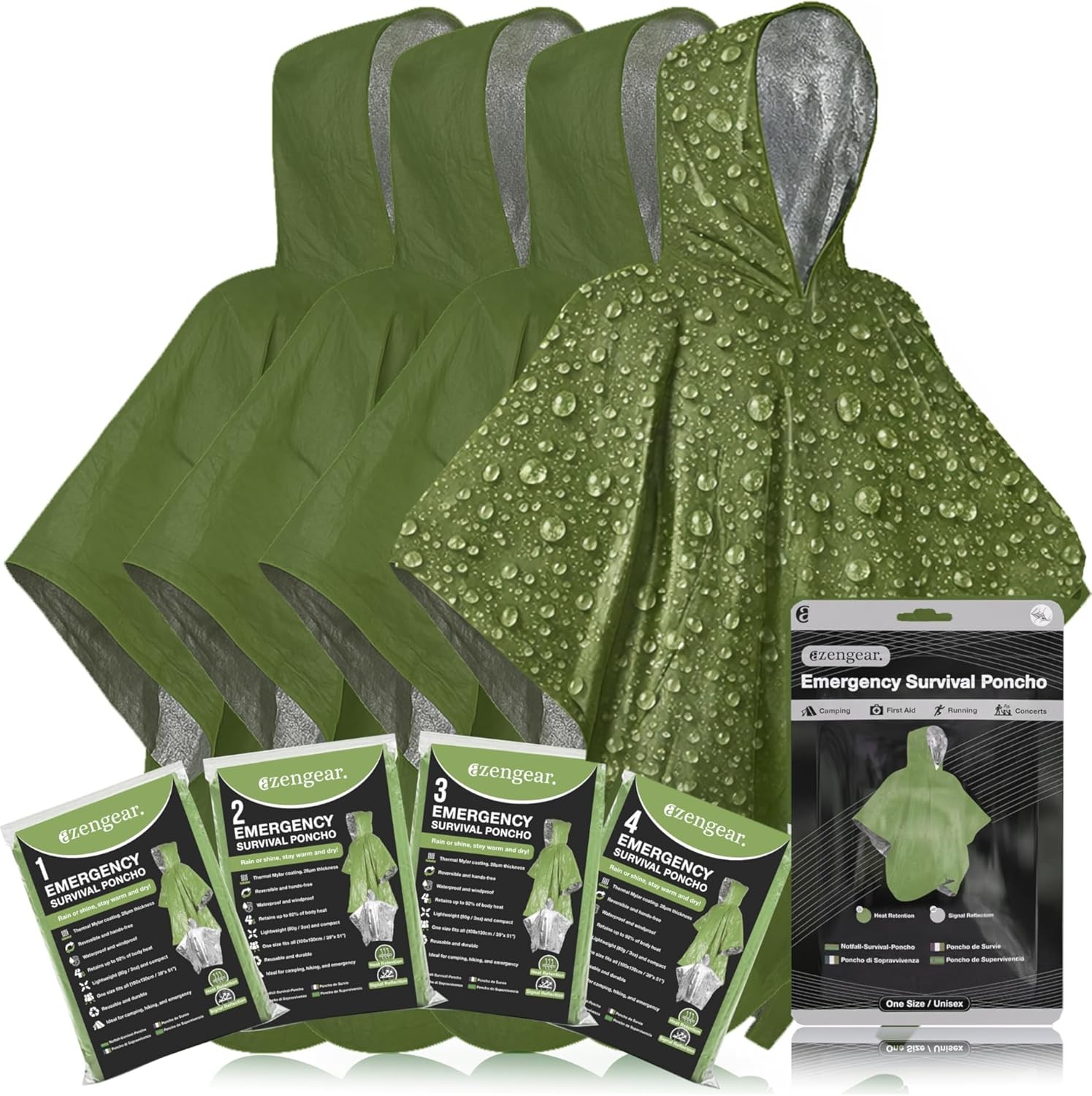aZengear Emergency Survival Poncho, 4PK, Green