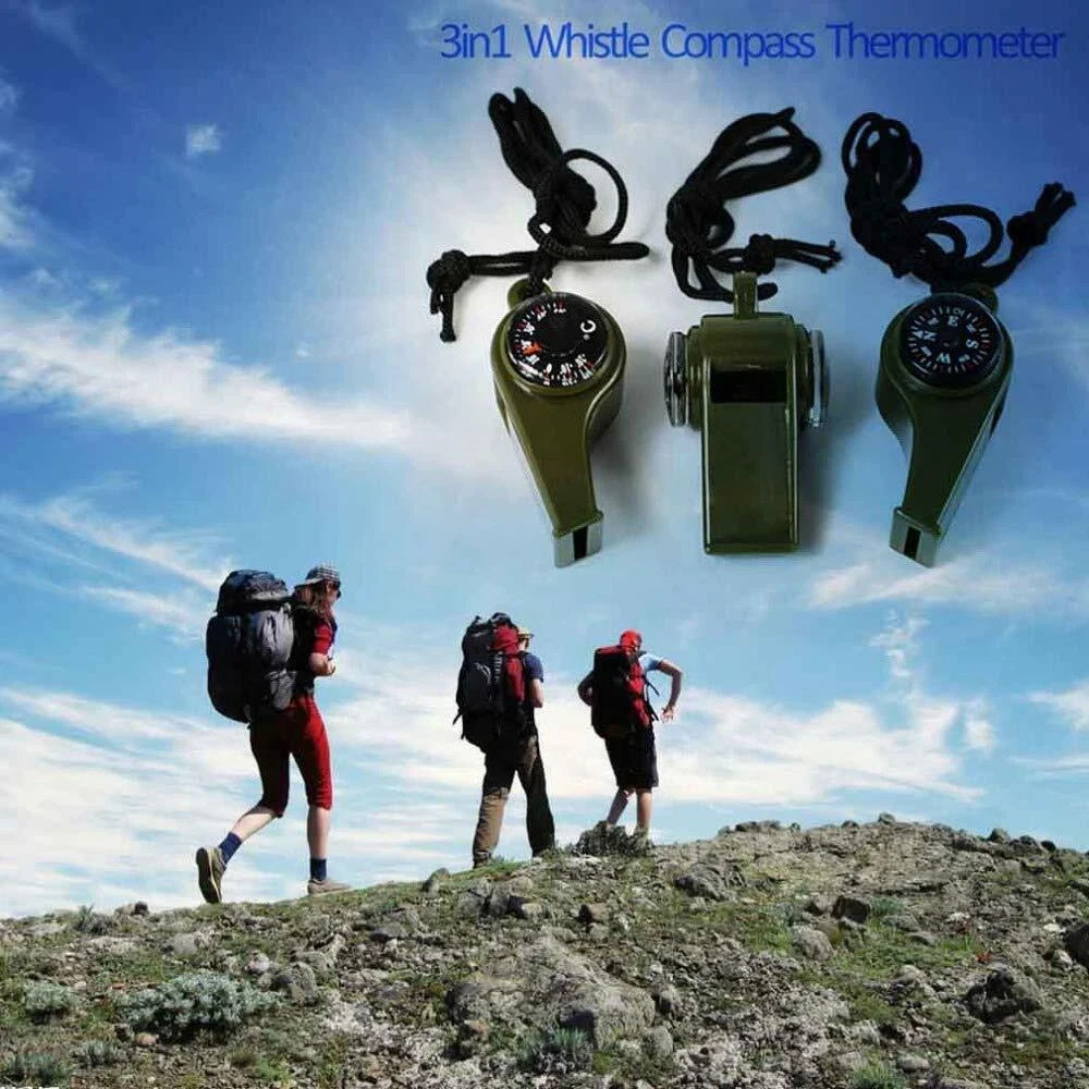 3-in-1 Emergency Survival Gear–Whistle, Compass & Thermometer for Camping Hiking