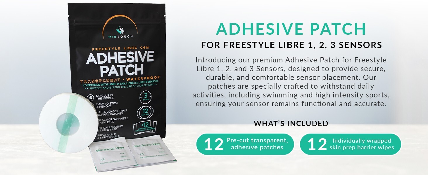 12 Transparent Waterproof Patches for Libre 1, 2, 3 CGM Sensors + 12 prep wipes