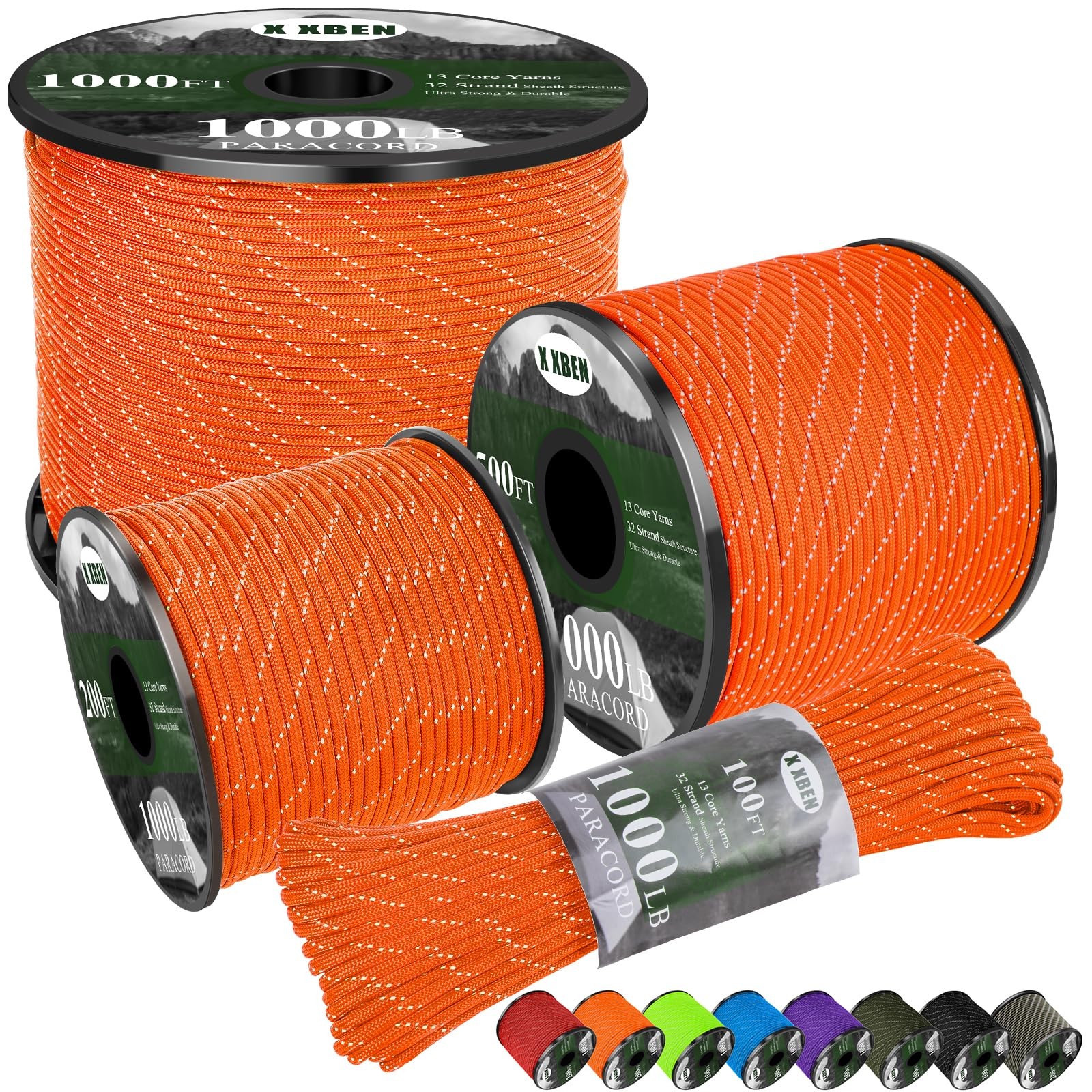 X XBEN Paracord Reflective 1000lb, 50/100/200/500/1000ft 4mm, 100ft, Orange