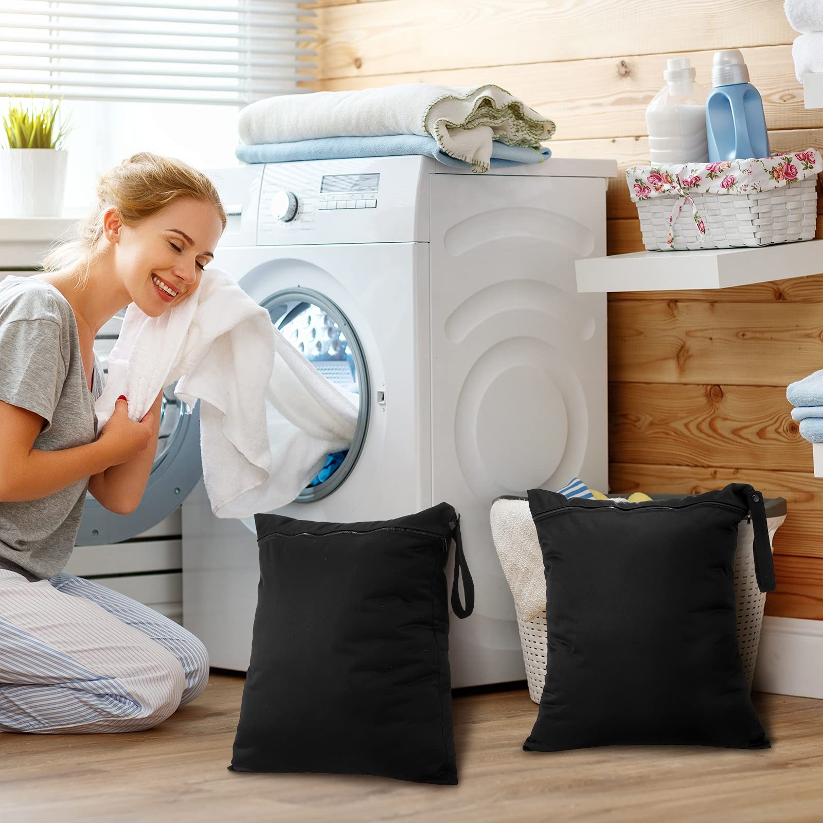 Shappy 2 Pack Large Travel Laundry Bags, Wet Dry Simple Style, Black