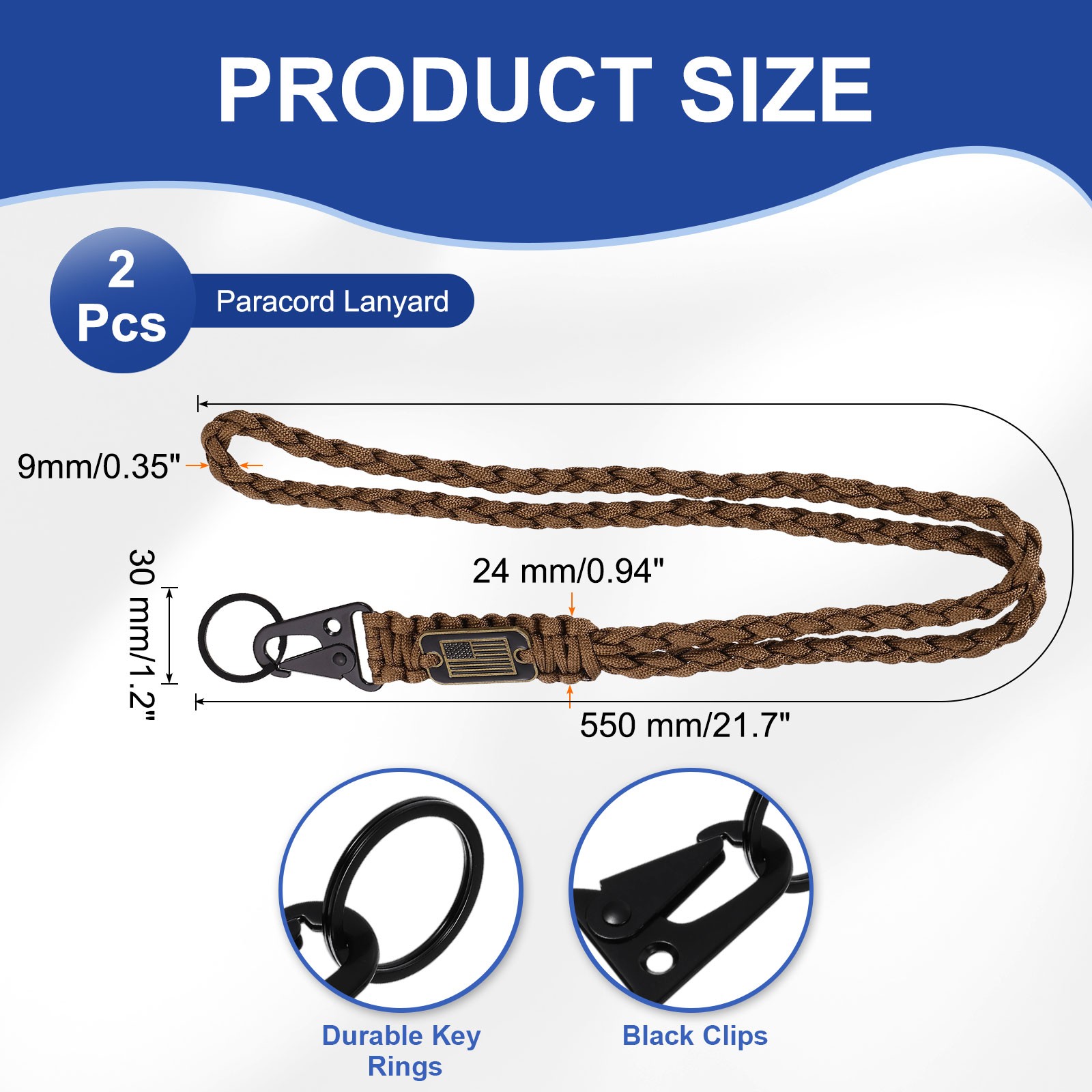 2Pcs Paracord Lanyard, Strong Lanyard with USA Flag, Brown