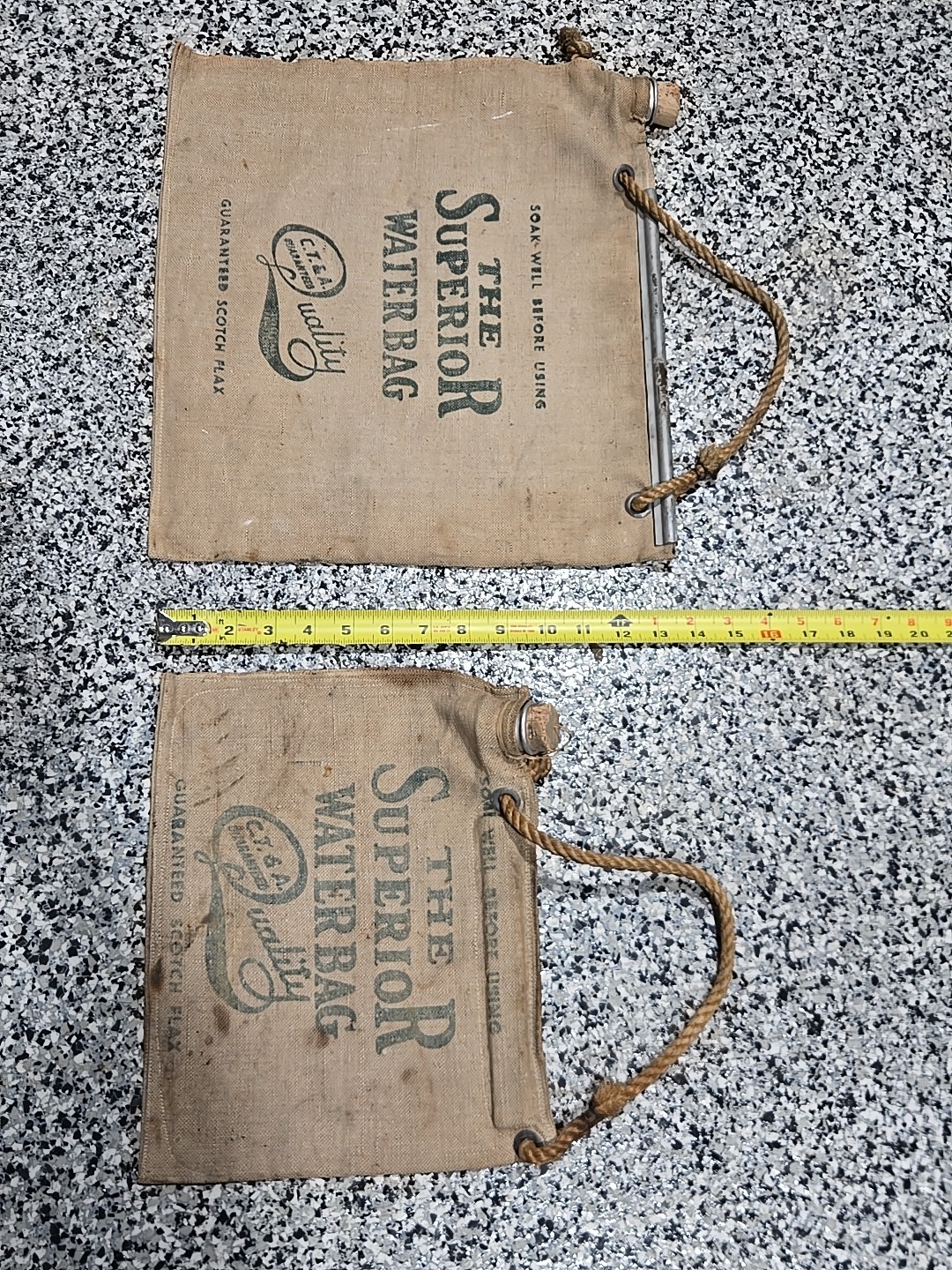 2 Antique Superior Water Bags Scotch Flax Canvas with Corks. Great For Display