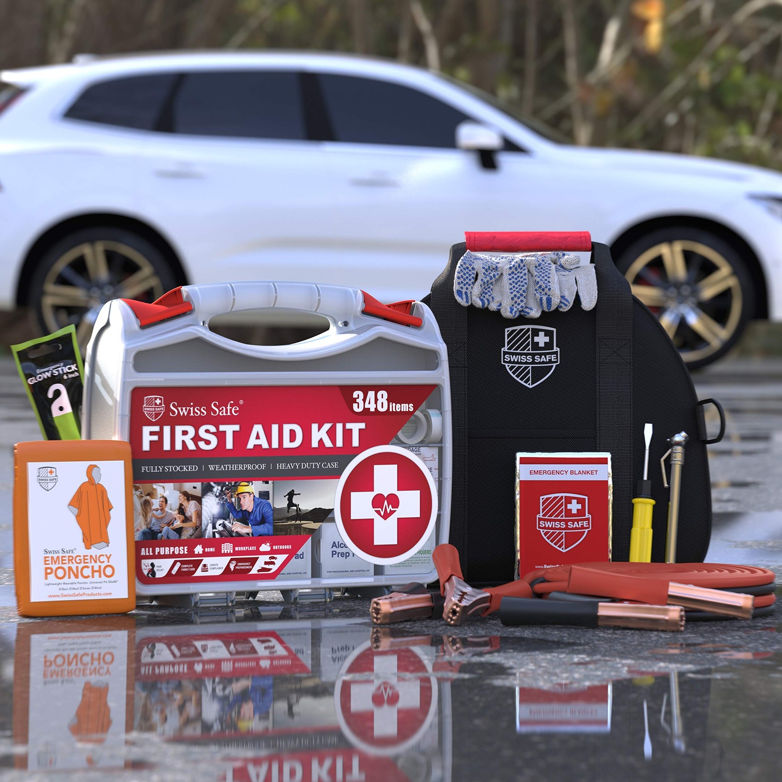 Swiss Safe 2-in-1 Car Emergency Kit | 12-FT Heavy-Duty Jumper 348 Piece Set