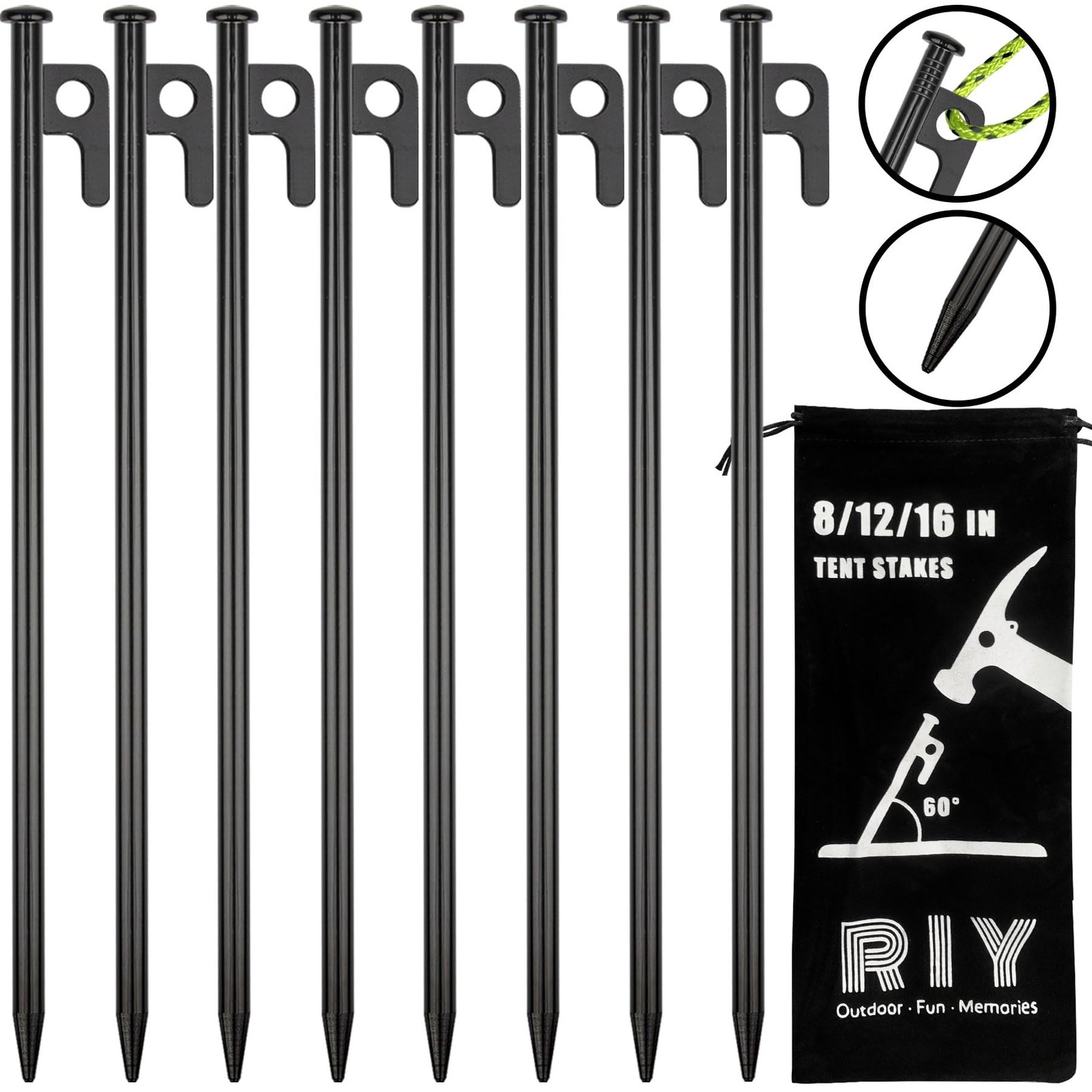 8 Pack Tent Stakes Heavy Duty 12 inch Steel Pegs for Camping Black
