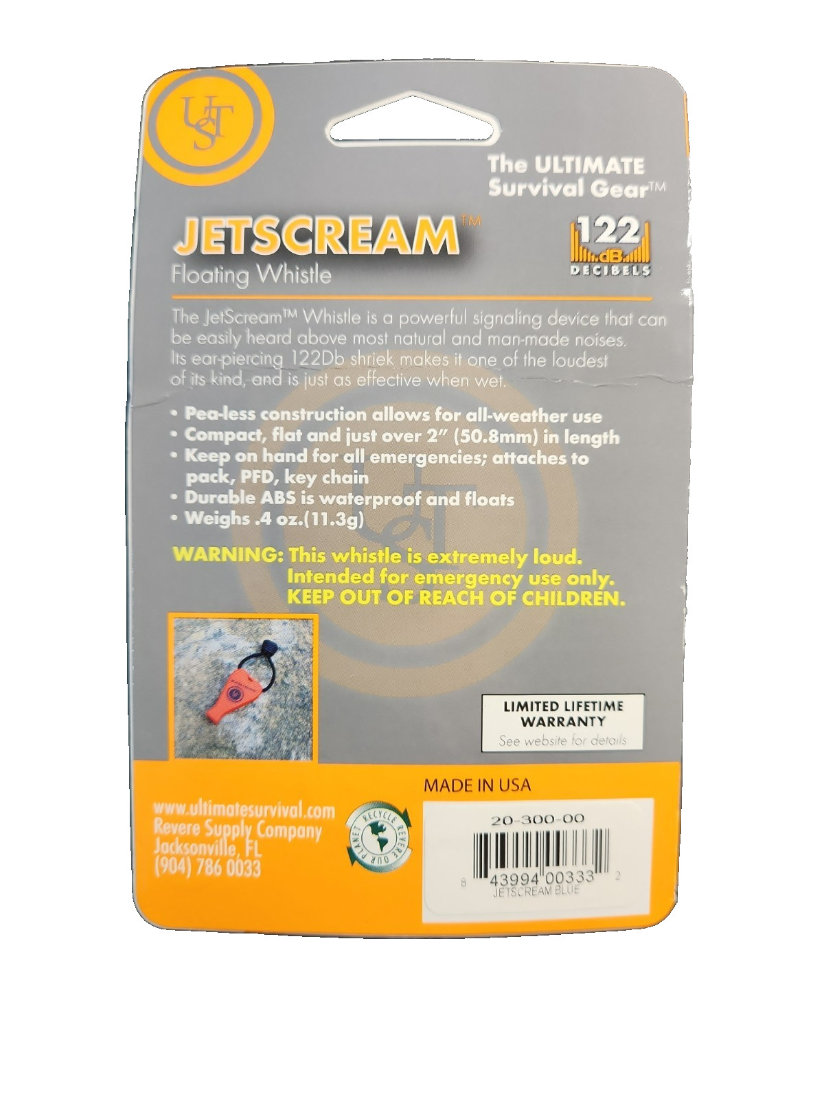 UST Jet Scream Emergency Whistle 122 Decibels Pea-Less Weatherproof Flat Buoyant