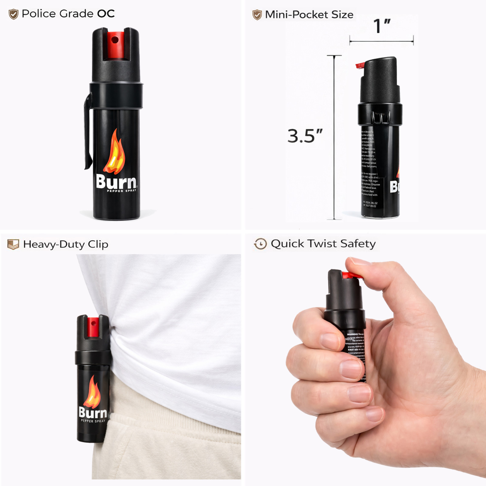 2 Pack Burn Pepper Spray 0.84 fl oz Self Defense Security Belt Clip & Twist Top