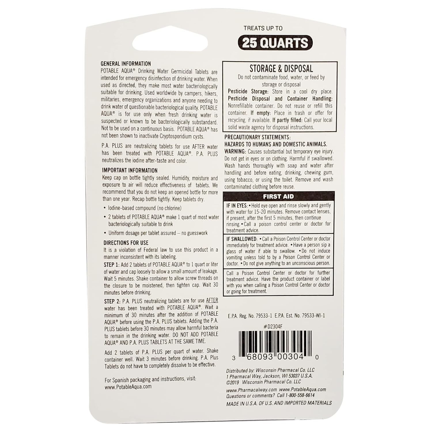 Water Purification Tablets With PA Plus – Two 50 count Bottles