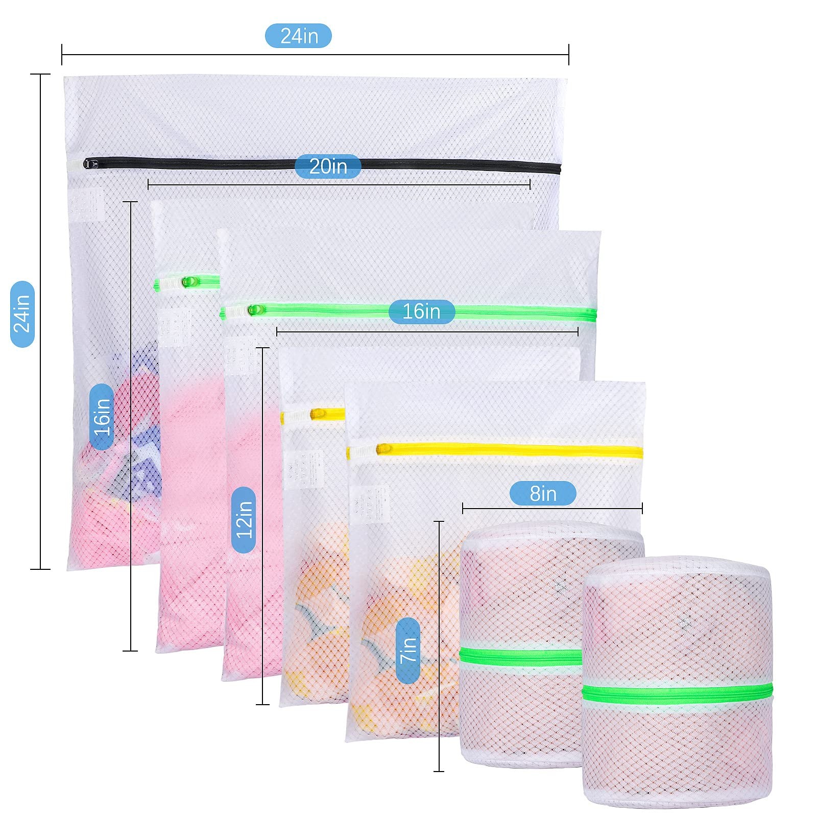 7 Set Mesh Laundry Bags, Delicates 1*XXL+2*L+2*M+2*Bra Bag, White