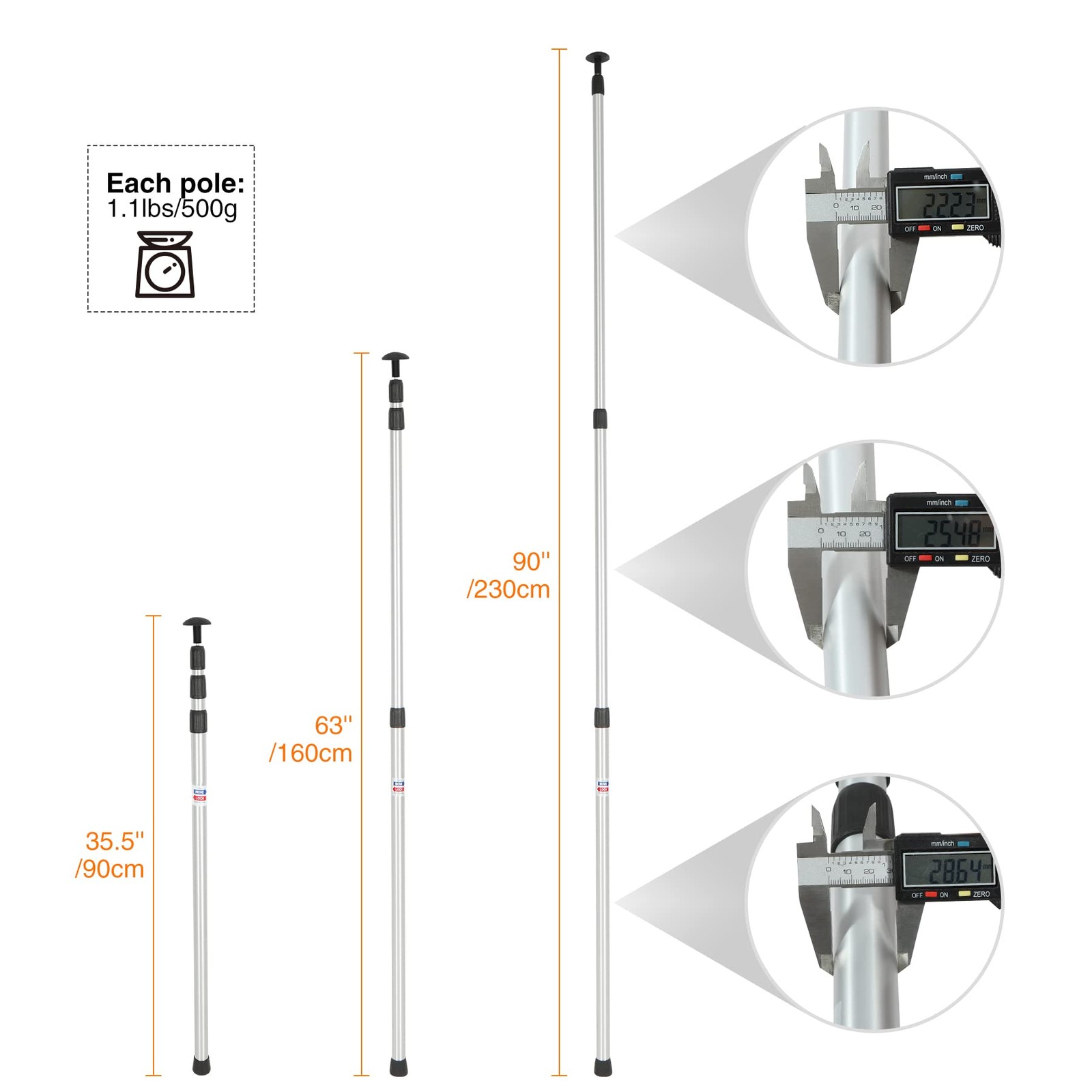 REDCAMP Aluminum Adjustable 35.43-90.55in (3 Section, Telescoping), Silver