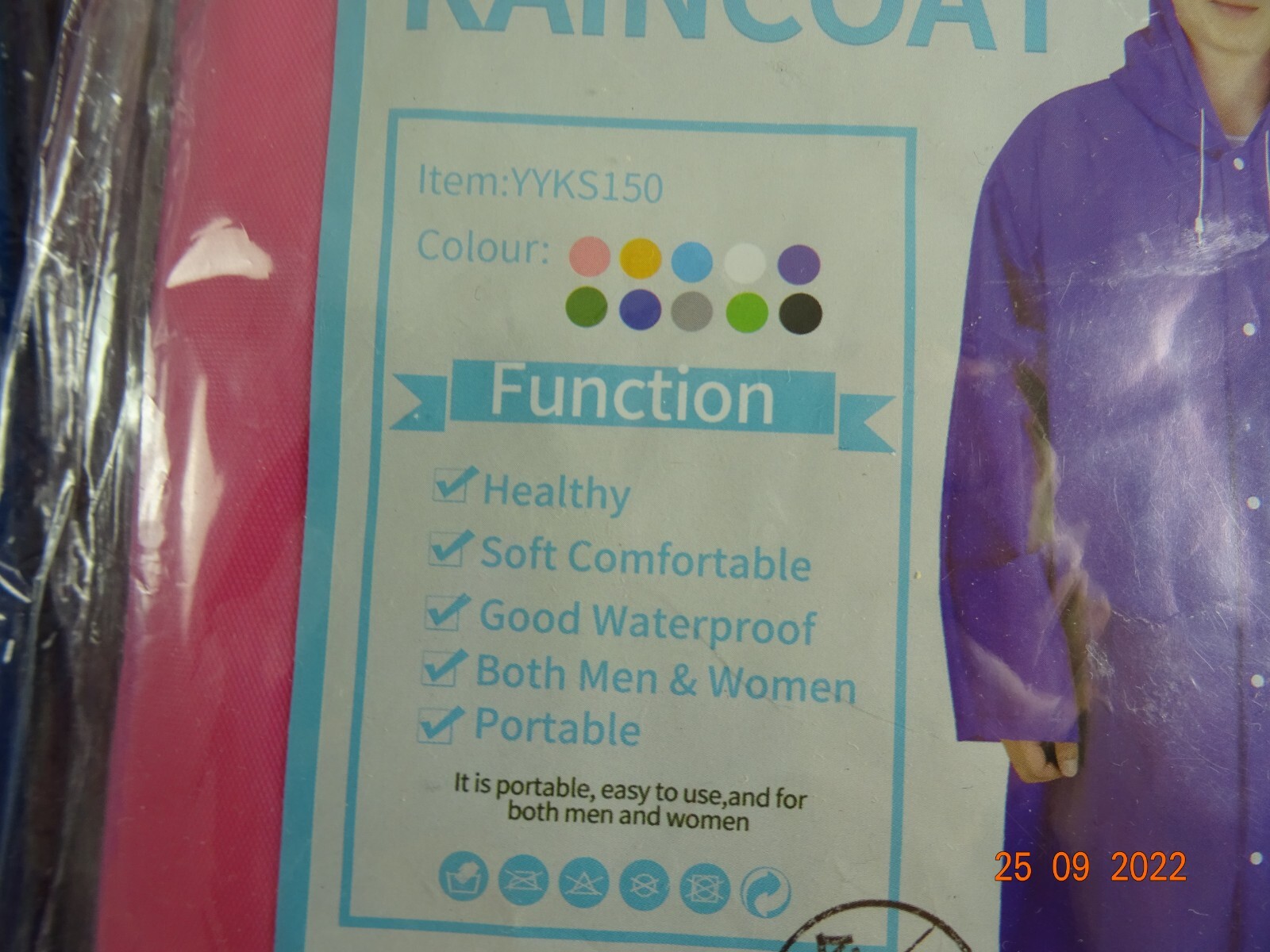 Rain Coat Hooded Drawstring 2 pack OSFM Adult Blue Purple Pink NEW 2-2 packs