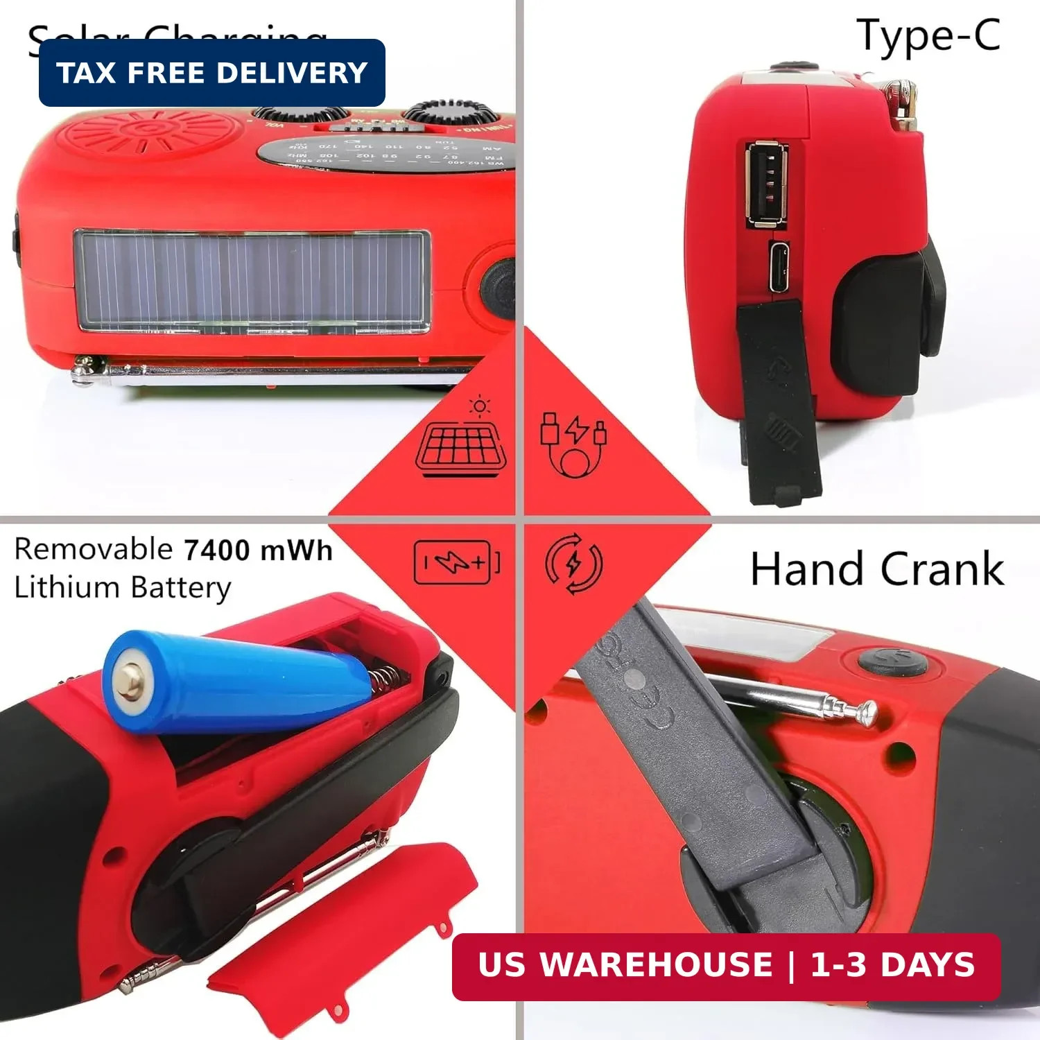 2000mAh SOS Alarm Emergency AM FM Weather Radio, 3LED Type-C Hand Crank Solar Ba