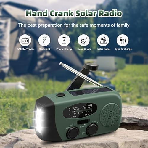 7400mWh Emergency Weather Radio, Portable Solar Hand Crank Radio AM/FM/NOAA,