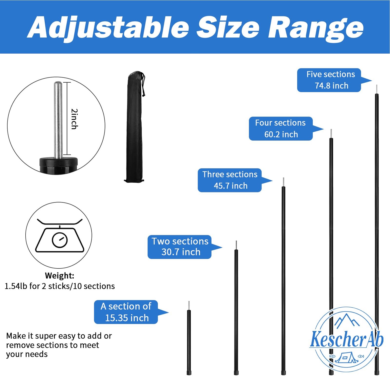 Tent Poles for Tarp, KescherAb Adjustable Tarp 78.8 inch, Black