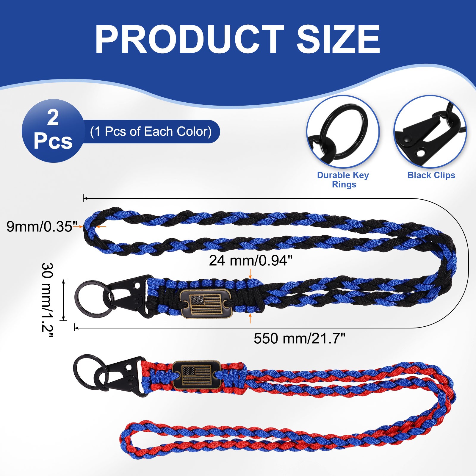 2Pcs Paracord Lanyard, Strong Lanyard with USA Flag, Red and Blue, Blue