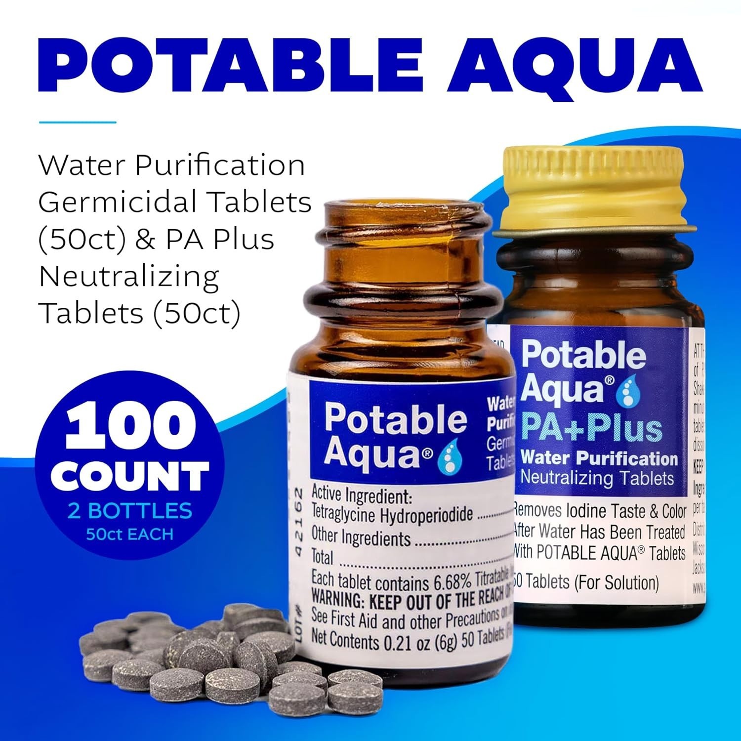 Water Purification Tablets With PA Plus – Two 50 count Bottles
