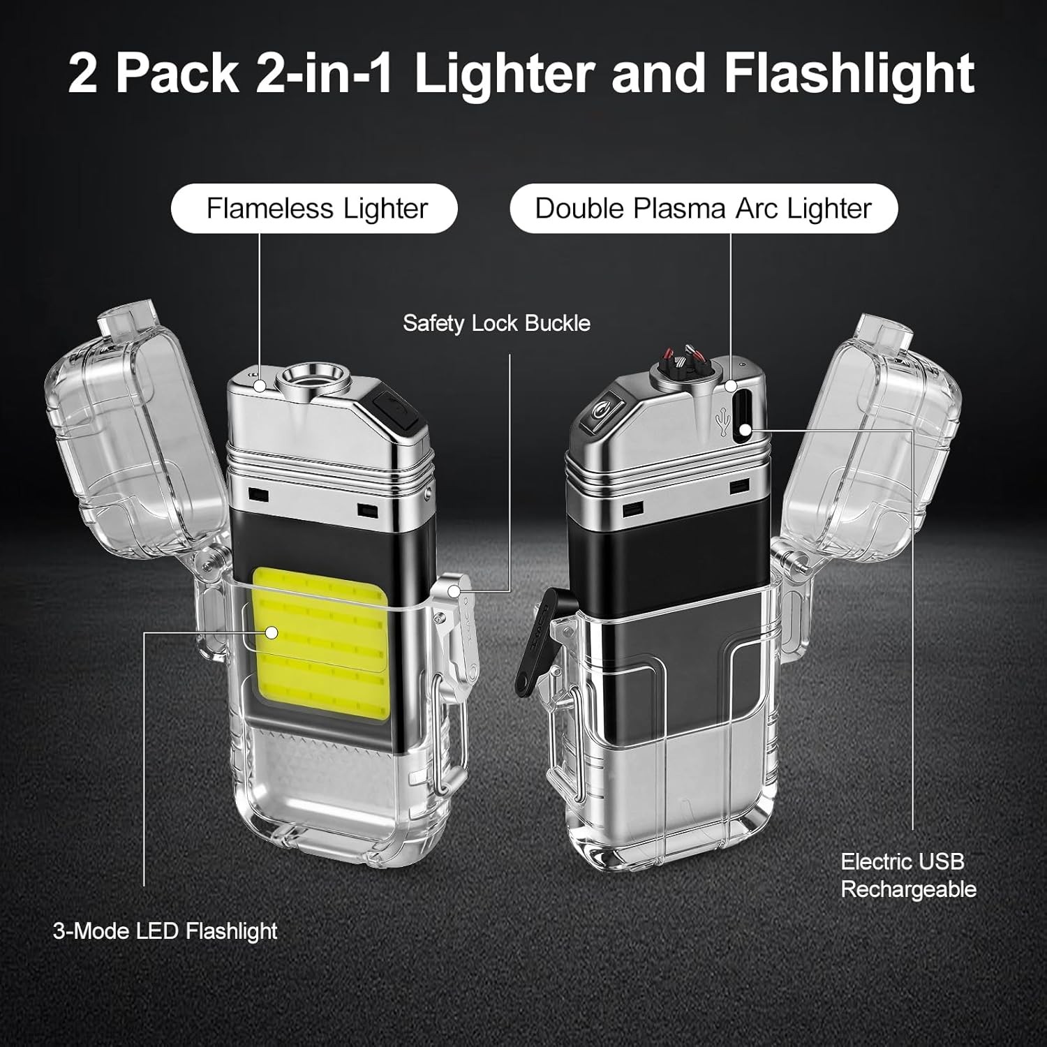 2-Pack Waterproof Dual Arc Plasma USB Lighter 3 Modes Flashlight Outdoor