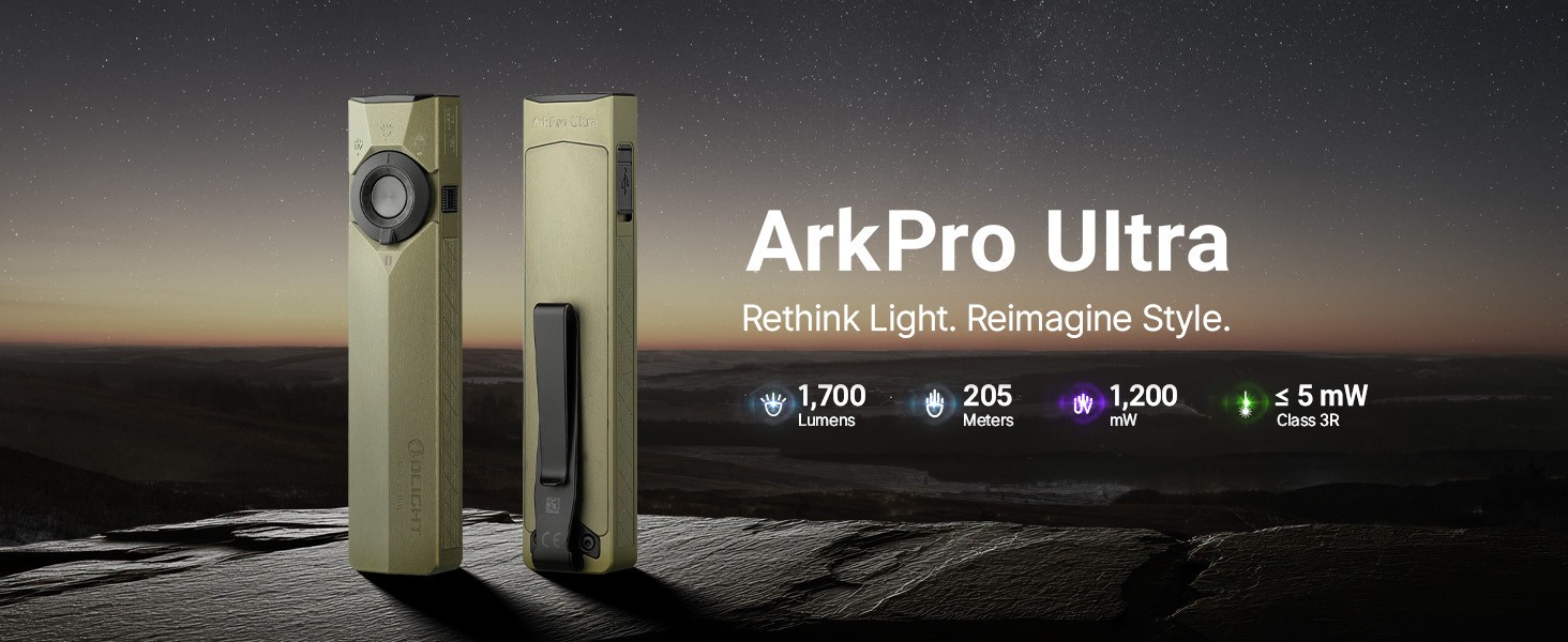 Olight ArkPro Ultra 1700 Lumen EDC Flashlight with UV Light & Green Laser