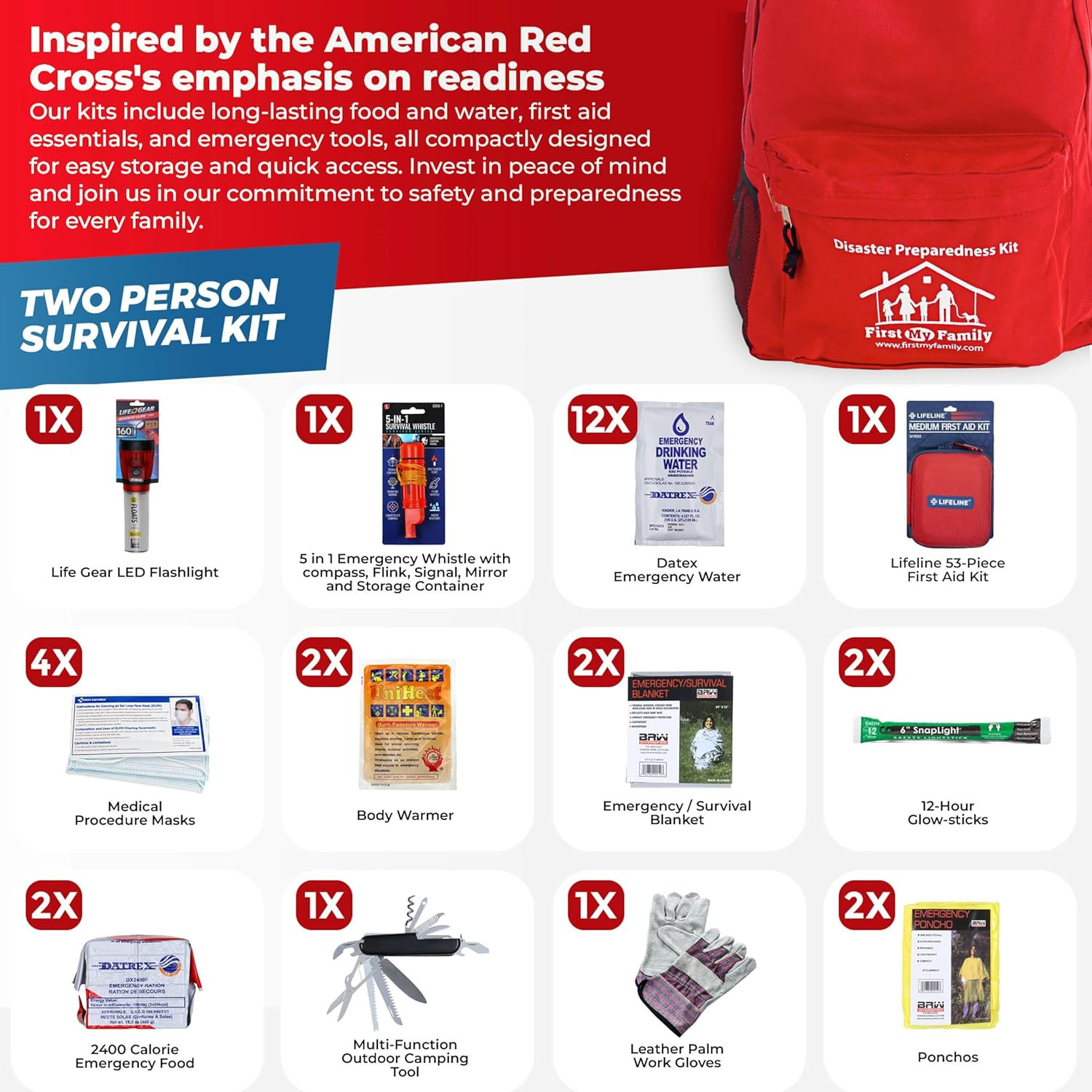 First My Family All-In-One Premium 2-Person Emergency Survival Kit | Hurricane &
