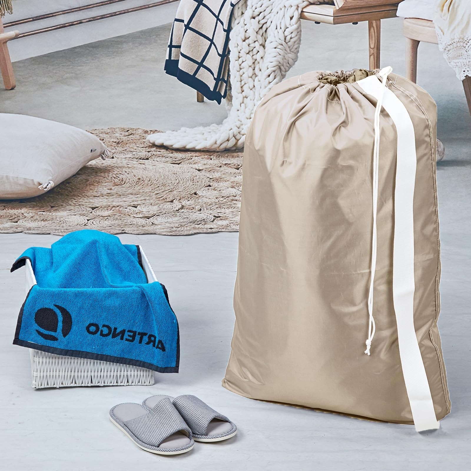 HOMEST 2 Pack XL Nylon Laundry Bag with Strap, Large 2pack, (2 pack) Beige