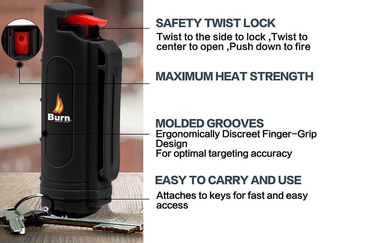 BURN Pepper Spray 1/2oz Self Defense Keychain Case Molded OC Black