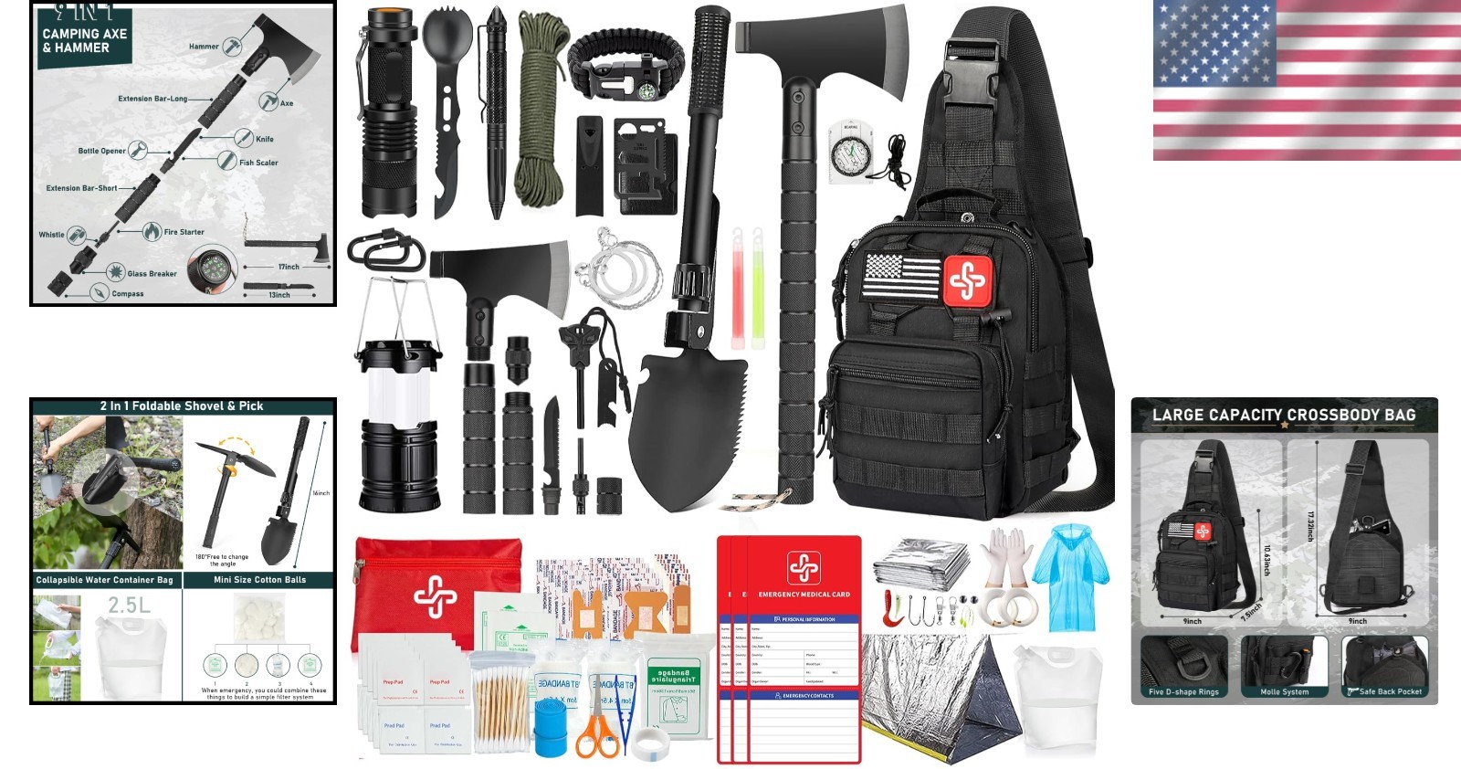 Black 262-Piece Comprehensive Survival Kit with First Aid and Crossbody Bag