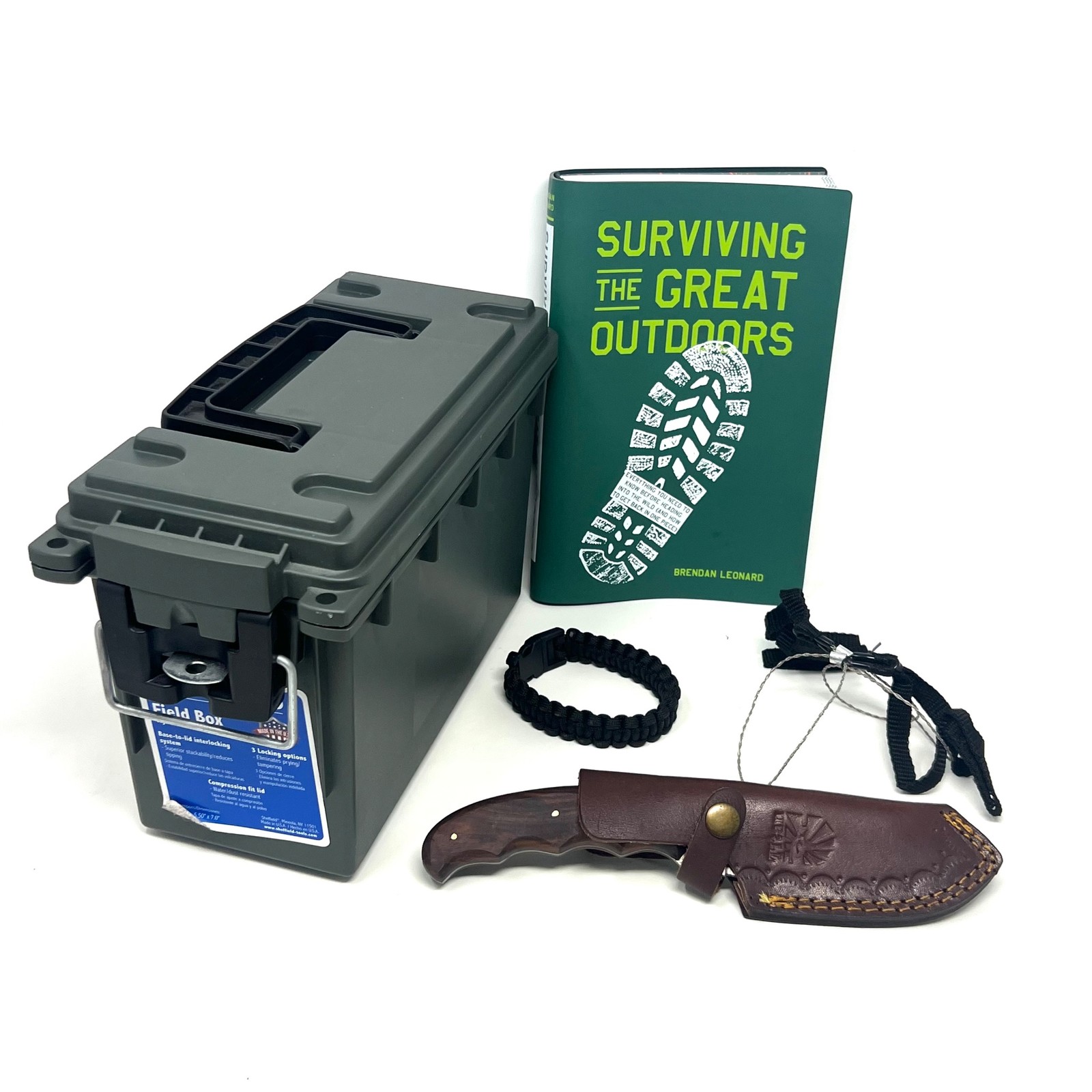 Sheffield Field Ammo Box w “Surviving The Great Outdoors” Book & Survival Gear